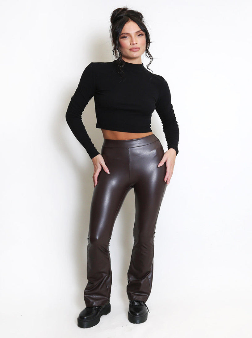 Faux Leather Flare Legging (Brown)