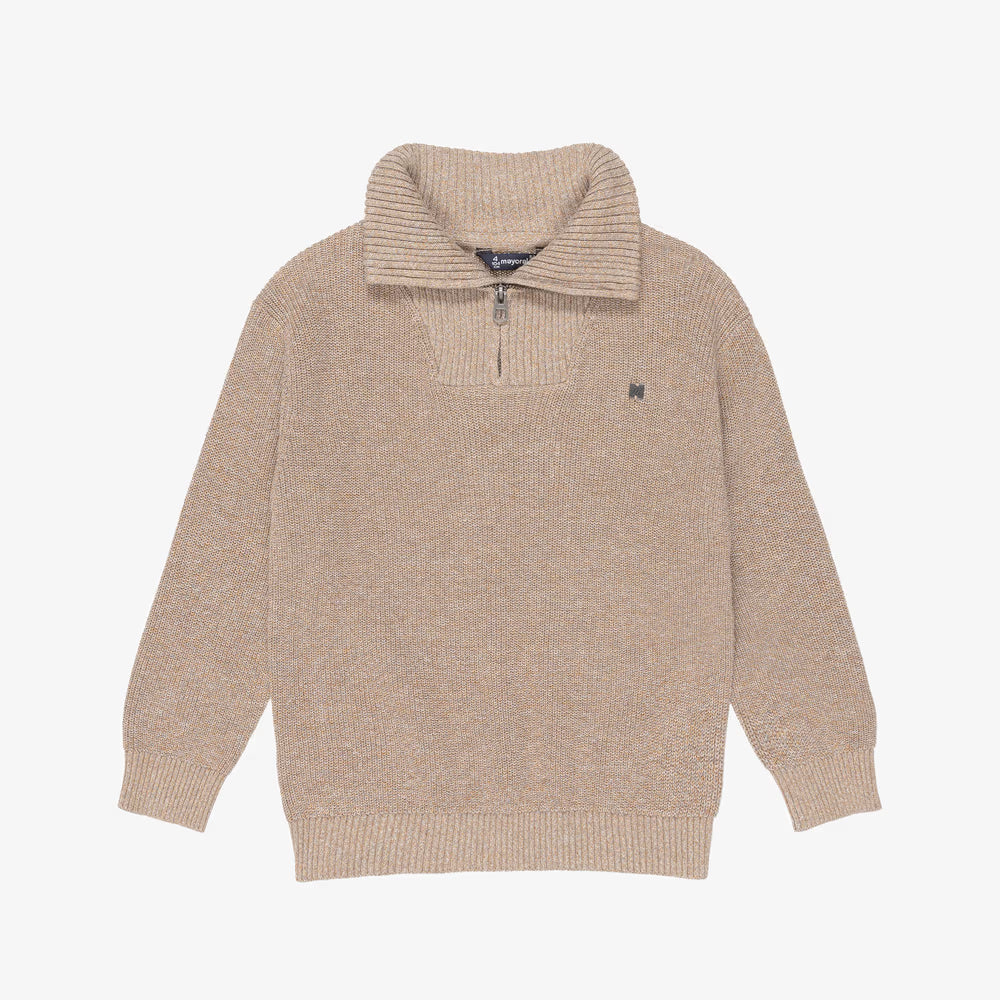 A beige knit quarter-zip sweater with a ribbed mock neck collar, long sleeves, and a small embroidered logo on the left chest, shown against a plain white background.