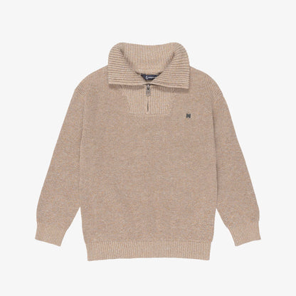 A beige knit quarter-zip sweater with a ribbed mock neck collar, long sleeves, and a small embroidered logo on the left chest, shown against a plain white background.