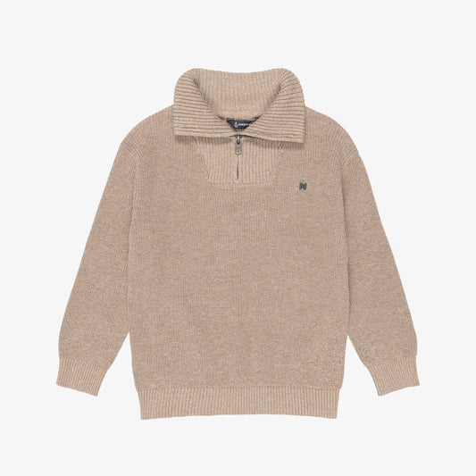 A beige knit quarter-zip sweater with a ribbed mock neck collar, long sleeves, and a small embroidered logo on the left chest, shown against a plain white background.
