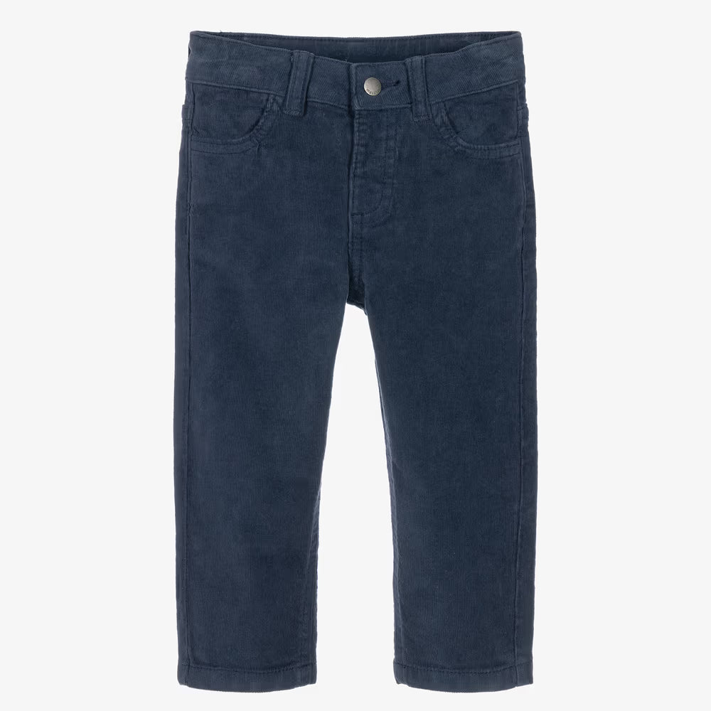 A pair of dark navy blue corduroy pants for kids, shown flat against a plain white background.