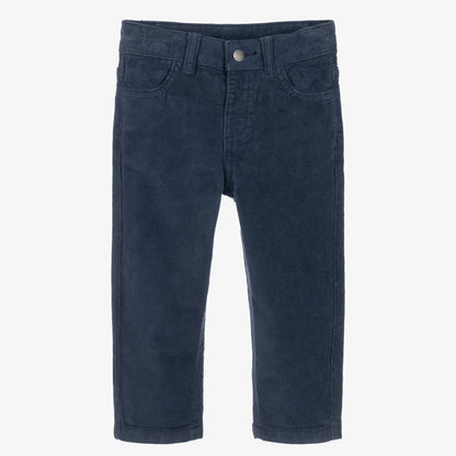 A pair of dark navy blue corduroy pants for kids, shown flat against a plain white background.