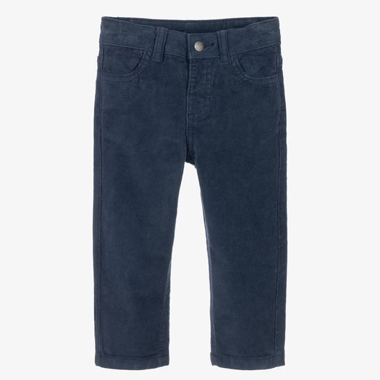 A pair of dark navy blue corduroy pants for kids, shown flat against a plain white background.
