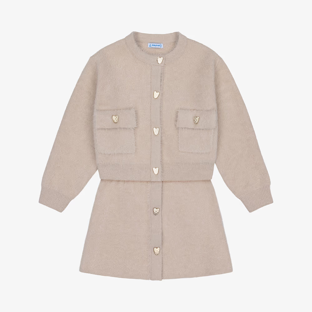 A beige knit cardigan and matching mini skirt set with gold heart-shaped buttons, displayed on a clean white background.