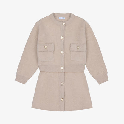 A beige knit cardigan and matching mini skirt set with gold heart-shaped buttons, displayed on a clean white background.