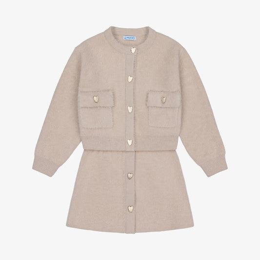 A beige knit cardigan and matching mini skirt set with gold heart-shaped buttons, displayed on a clean white background.