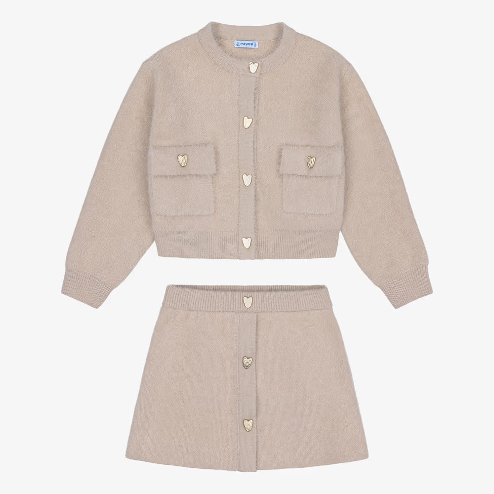 Mayoral Girls Beige Fluffy Knit Skirt Set