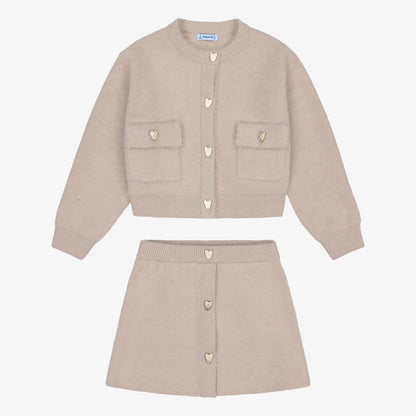Mayoral Girls Beige Fluffy Knit Skirt Set