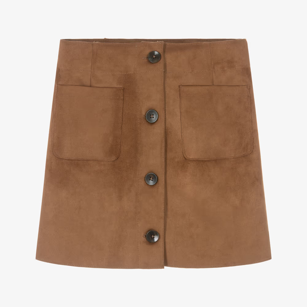 A brown suede mini skirt with a button-up front and two large front patch pockets, shown flat against a light gray background.