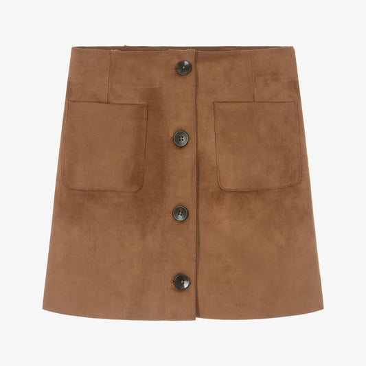 A brown suede mini skirt with a button-up front and two large front patch pockets, shown flat against a light gray background.