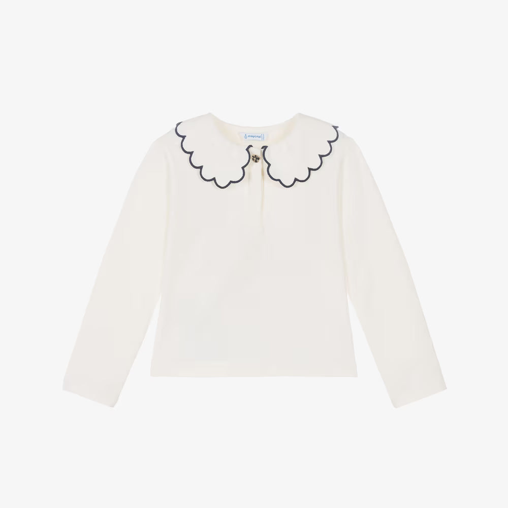 An off-white long-sleeve top for toddlers, featuring a decorative scalloped Peter Pan collar outlined in black and a small embroidered bee at the center, displayed on a clean white background.