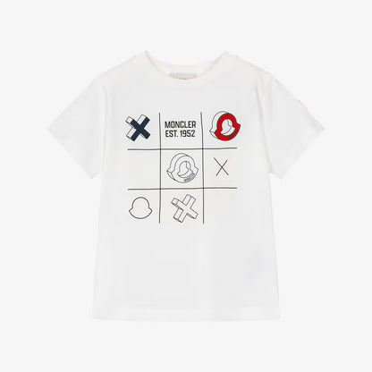 A white short-sleeve crewneck t-shirt featuring a Moncler Est. 1952 graphic on the chest, displayed flat against a light gray background.