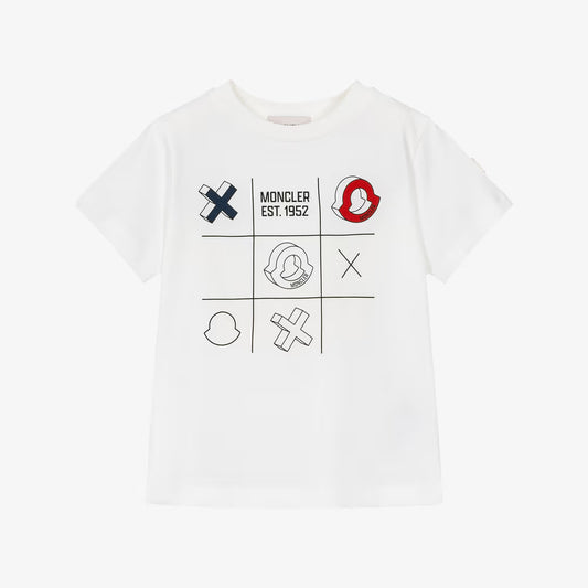 A white short-sleeve crewneck t-shirt featuring a Moncler Est. 1952 graphic on the chest, displayed flat against a light gray background.