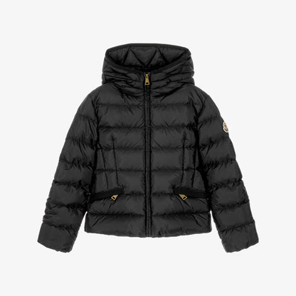 A black hooded puffer jacket with horizontal quilting, a front zipper, and gold-tone hardware, shown on a plain light gray background.