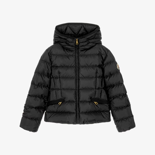 A black hooded puffer jacket with horizontal quilting, a front zipper, and gold-tone hardware, shown on a plain light gray background.