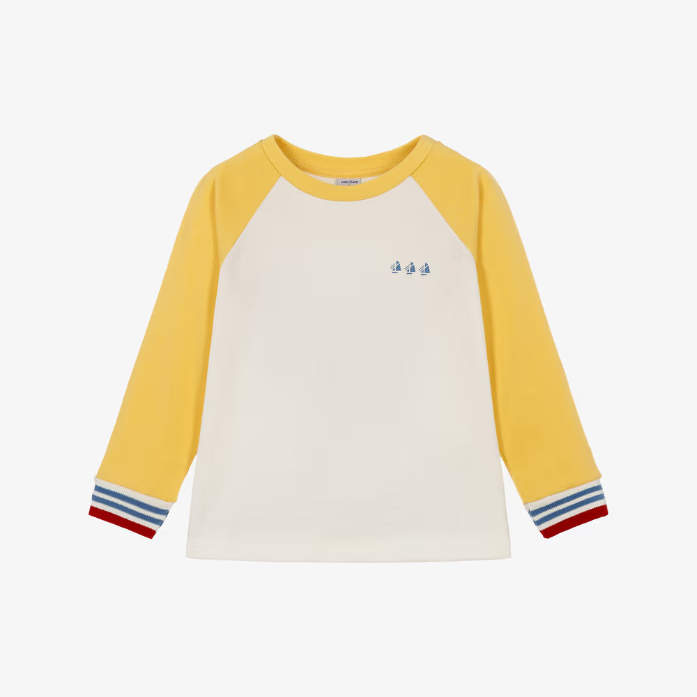 A long-sleeve raglan sweatshirt with a cream body and yellow sleeves, featuring small blue embroidered birds on the left chest and striped cuffs in red, blue, and white.