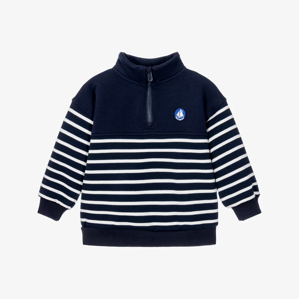 A navy blue and white horizontally striped quarter-zip sweatshirt with a mock neck collar, shown on a light gray background.