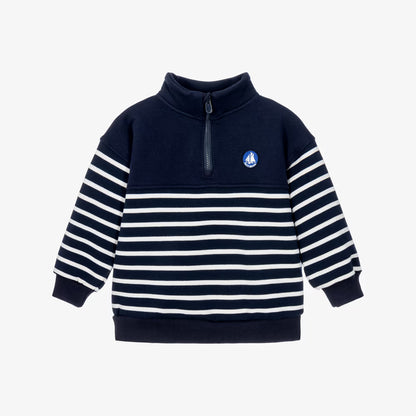 A navy blue and white horizontally striped quarter-zip sweatshirt with a mock neck collar, shown on a light gray background.