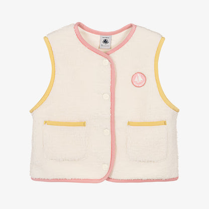 A cream-colored textured fleece vest with pink and yellow trim, featuring a button-up front, two front pockets, and a circular embroidered logo on the left chest.