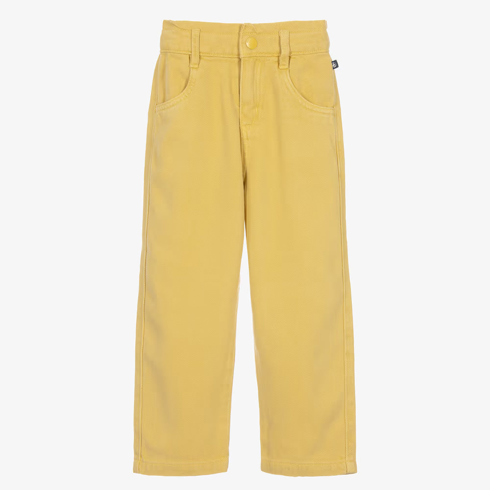 A pair of yellow wide-leg pants with a button closure, belt loops, and front pockets, shown against a plain white background.