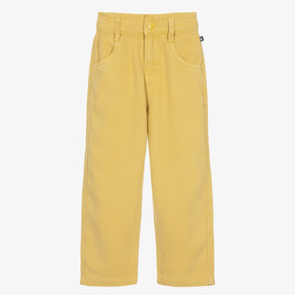A pair of yellow wide-leg pants with a button closure, belt loops, and front pockets, shown against a plain white background.