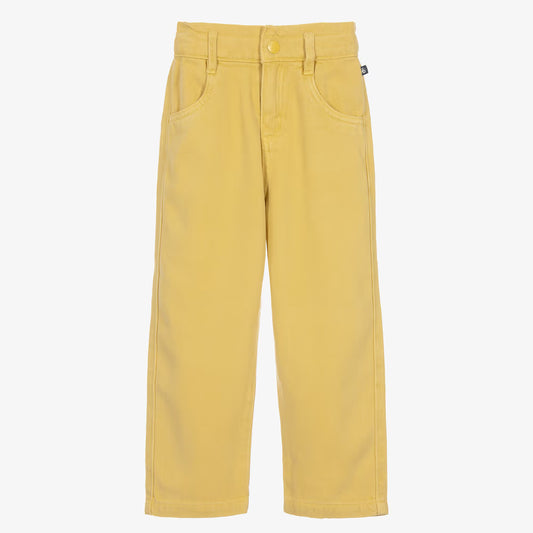 A pair of yellow wide-leg pants with a button closure, belt loops, and front pockets, shown against a plain white background.