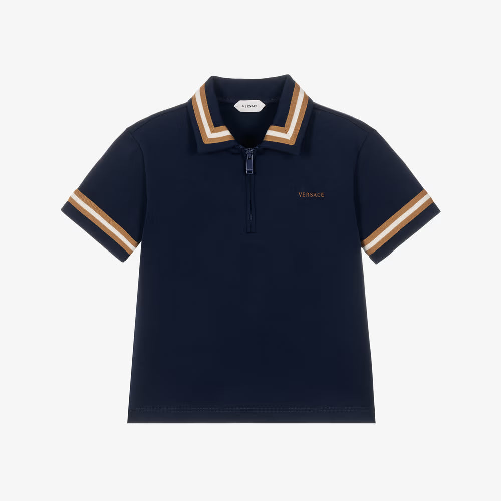 A navy blue polo shirt by Versace with a half-zip collar, featuring beige and white striped trim on the collar and sleeve cuffs, and the Versace logo embroidered on the chest.