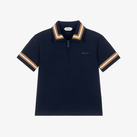 A navy blue polo shirt by Versace with a half-zip collar, featuring beige and white striped trim on the collar and sleeve cuffs, and the Versace logo embroidered on the chest.