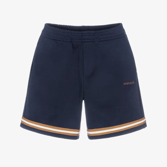 Navy blue Versace sweat shorts with a white and tan stripe detail at the hem and a small gold Versace logo on the left hip, shown against a light gray background.