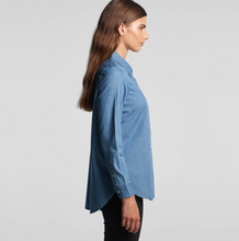 Load image into Gallery viewer, Denim Long sleeve button up shirt  on model | side view
